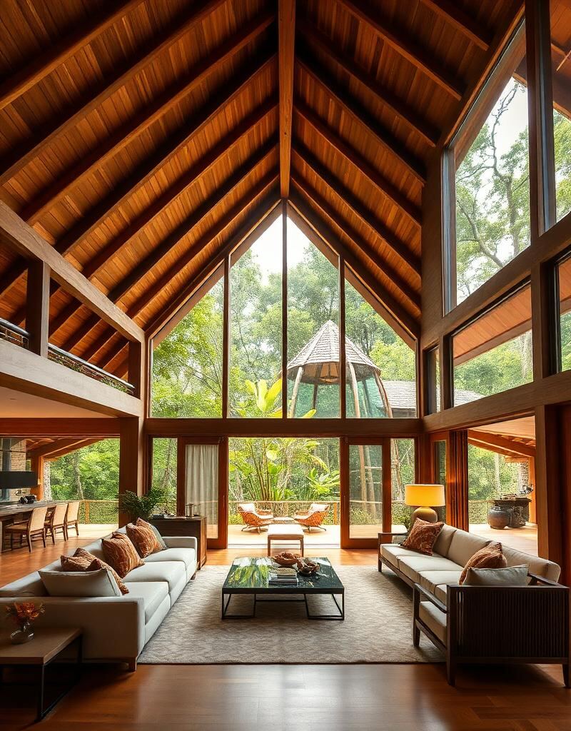 Interior de villa de planta abierta con grandes ventanales